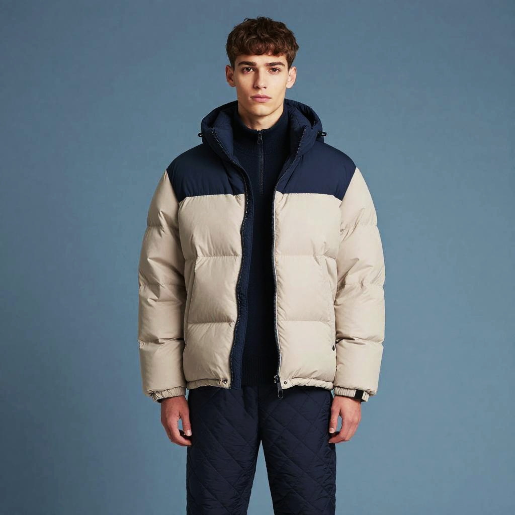Gen Z Young Man Wearing Stylish Puffer Jacket and Quilted Pants
