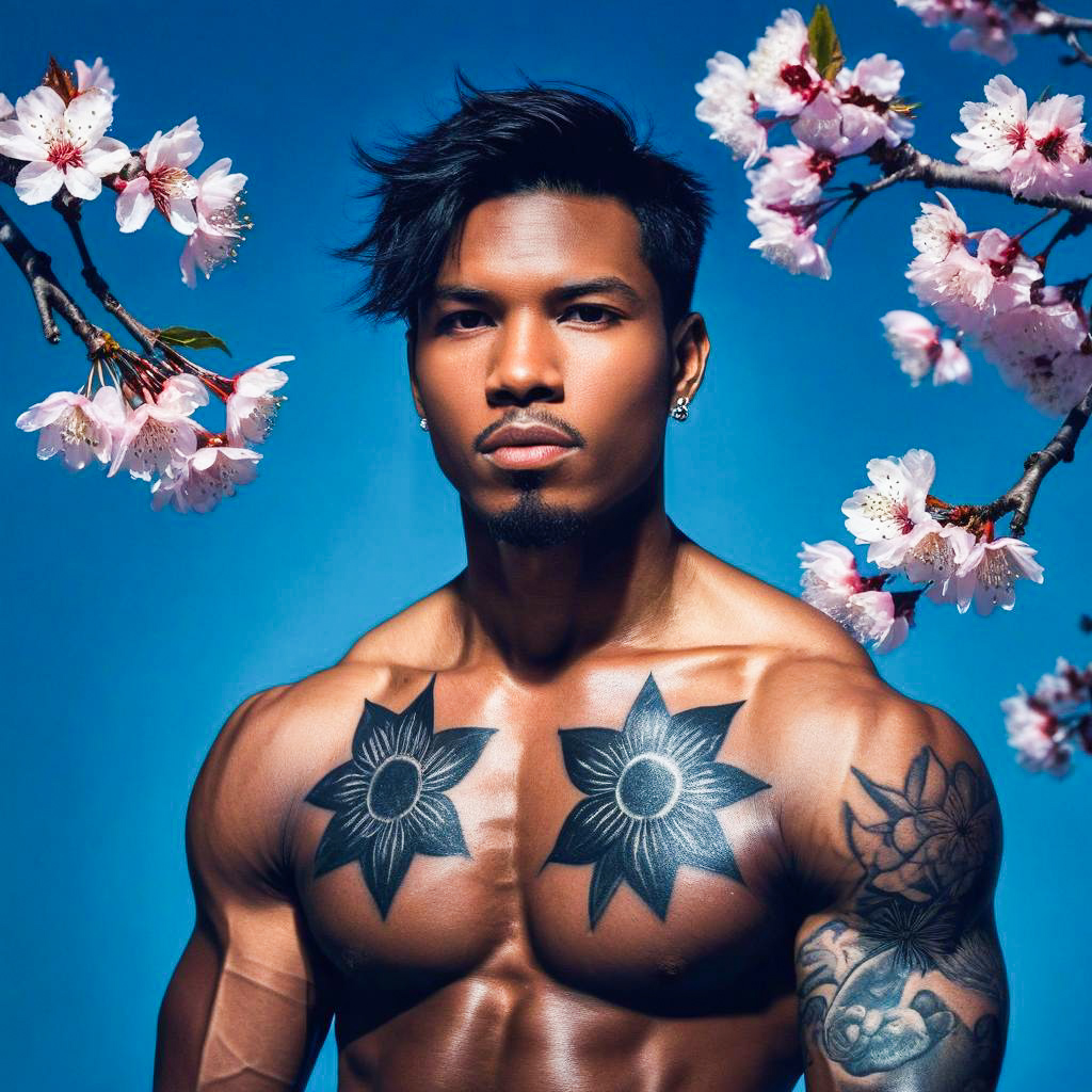 Muscular Man with Floral Tattoos Against Blue Background Muscular Man with Floral Tattoos Against Blue Background