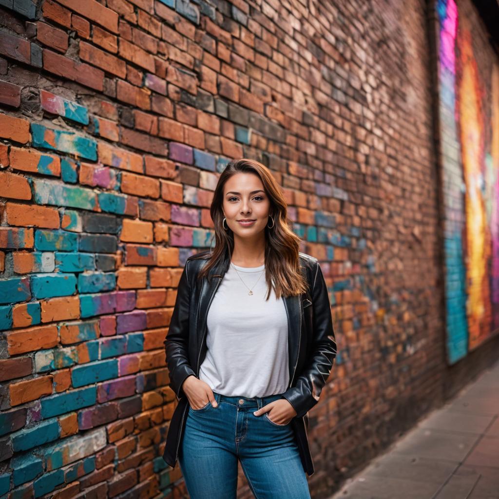 Confident Woman in Front of Colorful Graffiti Wall