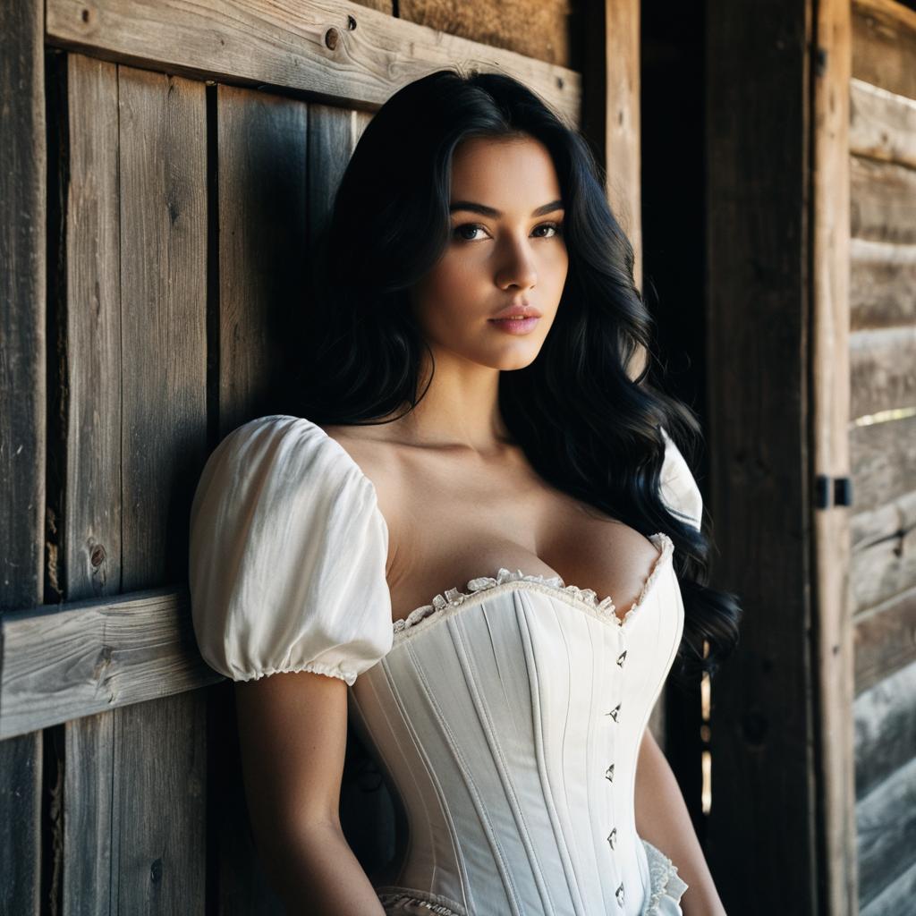 Elegant Woman in White Corset Top Against Rustic Wooden Background