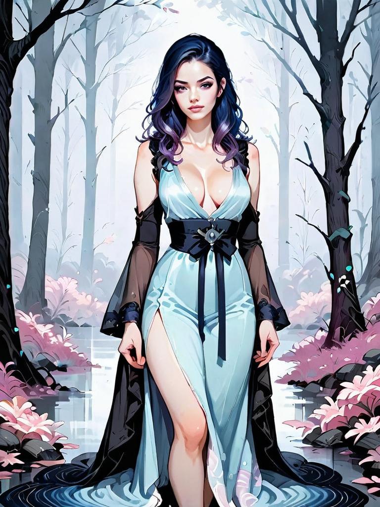 Dark Fantasy Medieval Woman in Foggy Forest Full Body Digital Illustration