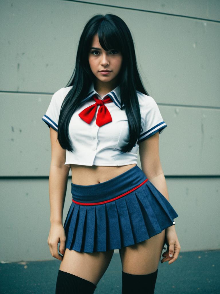 Confident Woman in Japanese School Uniform Cosplay