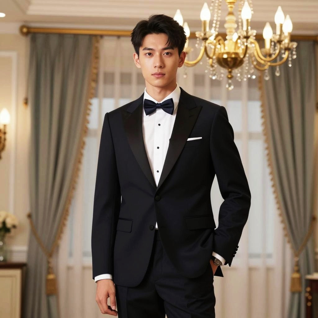 Young Man in Black Tuxedo in Elegant Classic Interior