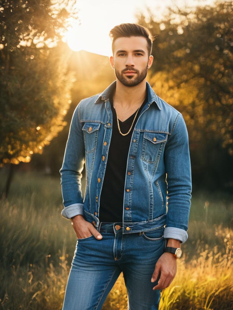 Stylish Man in Coordinated Denim Jacket and Jeans Outdoor Portrait