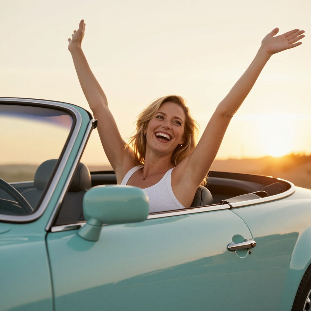 Happy Woman Driving Convertible Car at Sunset