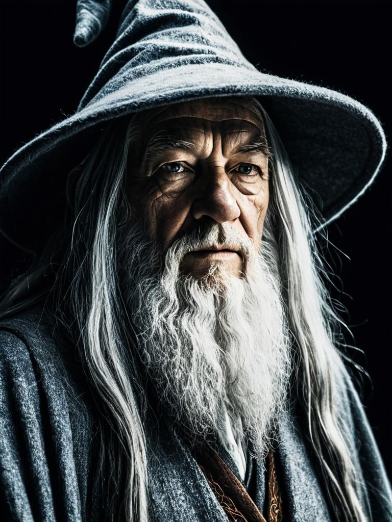 Photorealistic Dramatic Wizard Portrait of Man in Gandalf Costume