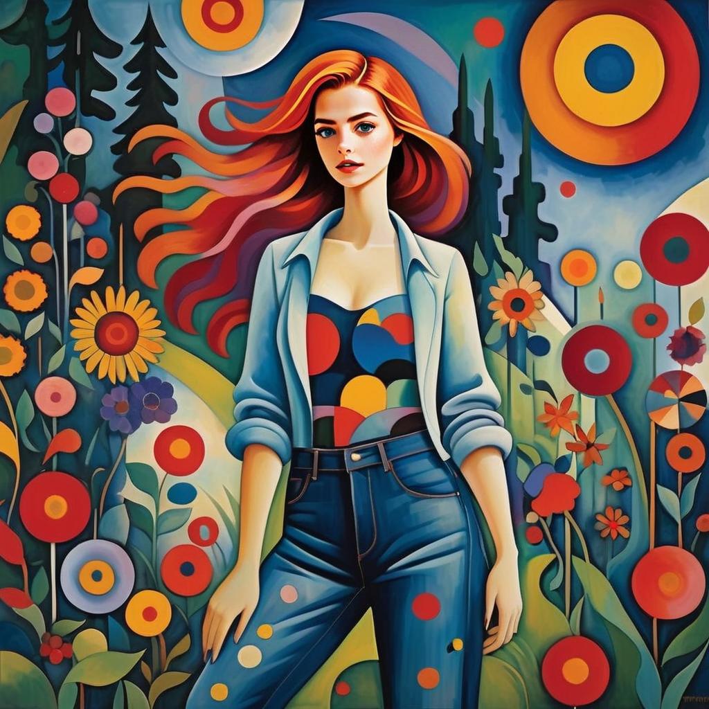 Stylized Confident Woman with Red Hair in Colorful Floral Background