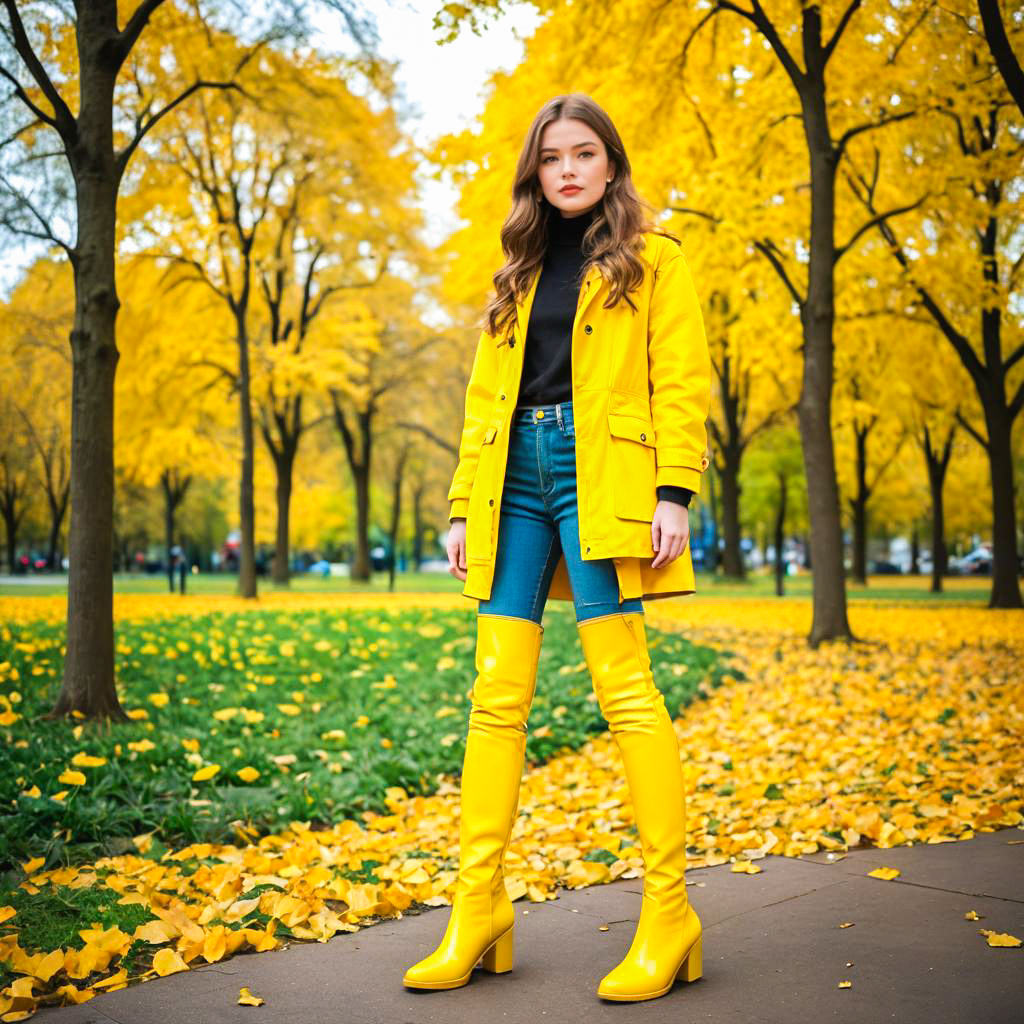 Stylish Woman in Yellow Coat Among Autumn Foliage