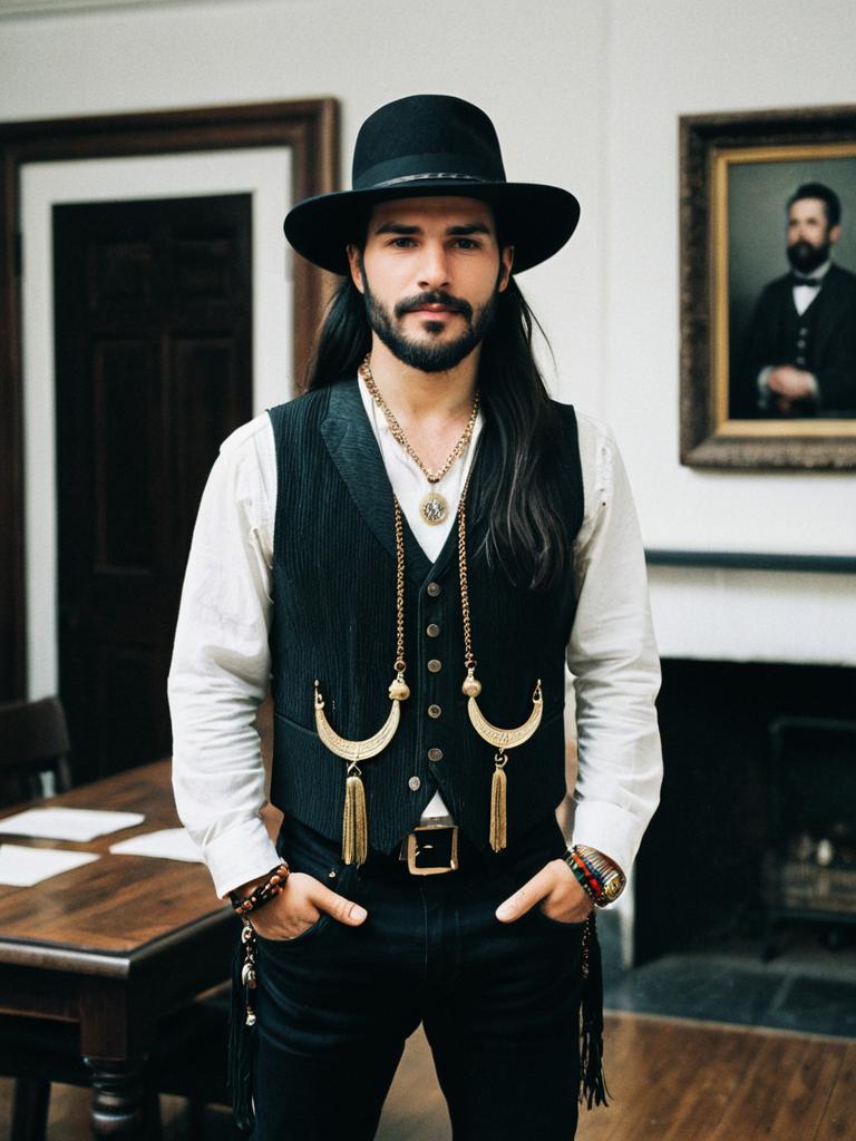 Stylish Man in Black Hat and Vintage Vest with Gold Accessories