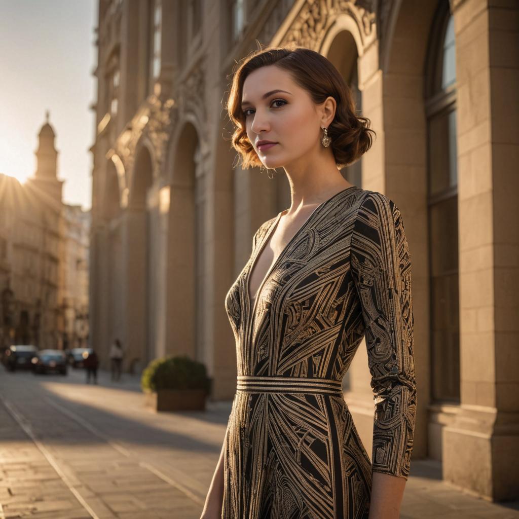 Elegant Woman in Patterned Dress Against Urban Backdrop