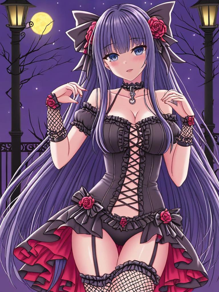 Anime Woman with Blue Hair and Cat Ears in Gothic Lolita Dress