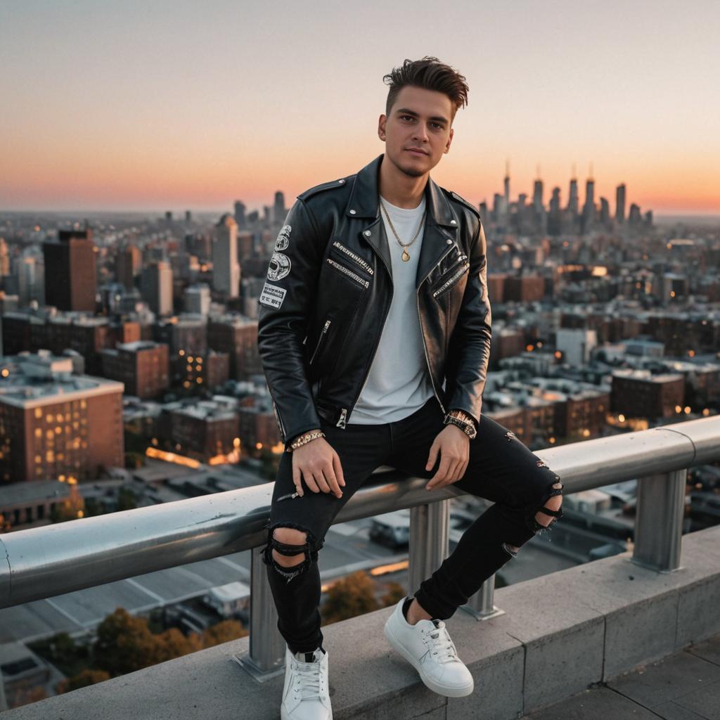 Man in Leather Jacket Against Urban Sunset