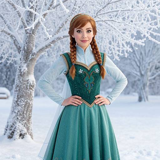 Woman in Winter Fairy Tale Costume Standing in Snowy Landscape