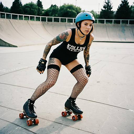 Tattooed Woman Roller Skating in Urban Skatepark with Blue Helmet