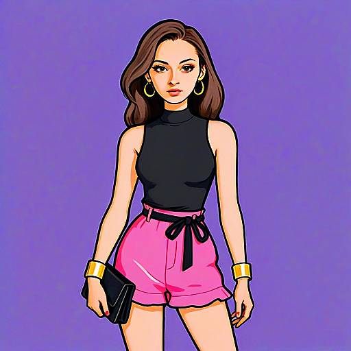 Trendy Fashion Woman with Pretty Hair Wearing Black Top and Pink Shorts Digital Art