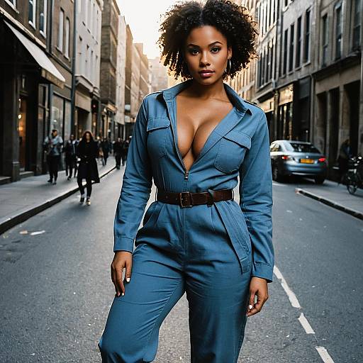 Confident Woman in Stylish Blue Jumpsuit on City Street