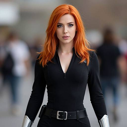 Red-Haired Woman in Black Superhero Style Outfit with Silver Arm Armor