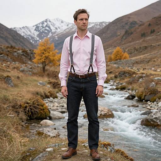 Man in Pink Shirt with Suspenders Standing by Mountain River