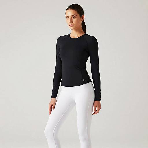 Woman Wearing Black Long-Sleeve Top and White Leggings Activewear