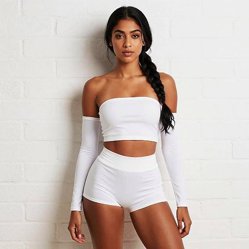 Stylish Woman in White Off-Shoulder Crop Top and Shorts