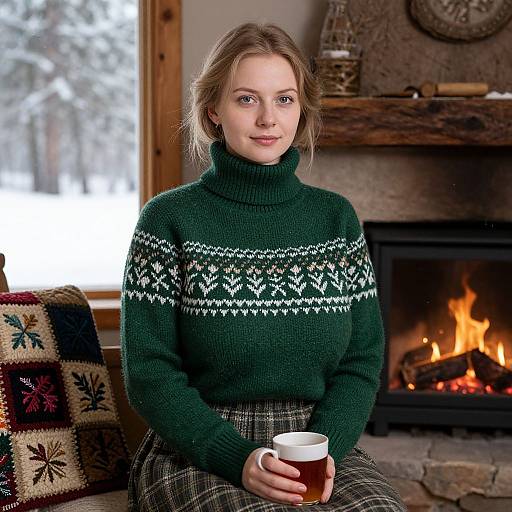 Woman in Nordic Sweater Relaxing by Fireplace with Tea