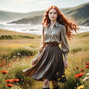 Young Woman in Vintage Outfit in Wildflower Meadow
