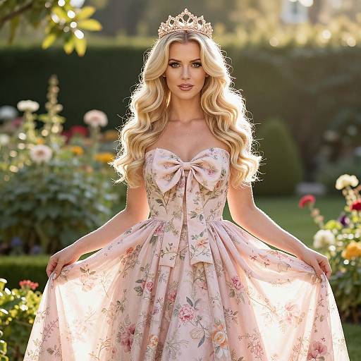 Elegant Blonde Woman in Pink Floral Dress with Tiara in Garden