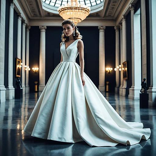 Elegant Woman in White Ball Gown in Grand Classical Hall