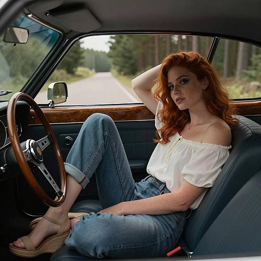 Red-haired Woman Relaxing in Vintage Car on Forest Road