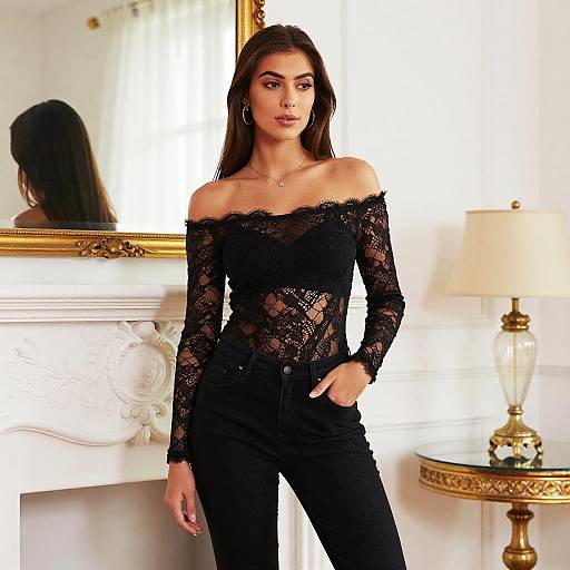 Woman in Black Off-Shoulder Lace Top and Jeans Indoor Fashion Portrait