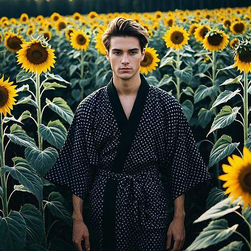 Young Man in Traditional Kimono Standing in Sunflower Field