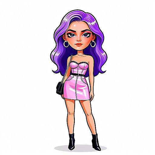 Edgy Woman with Purple Hair in Pink Strapless Dress Digital Illustration