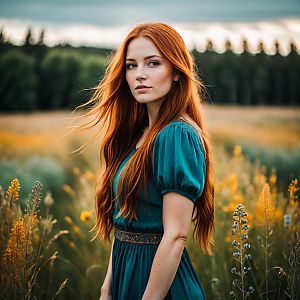 Young Woman in Teal Dress in Wildflower Field