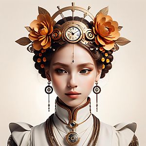 Elegant Steampunk Woman with Orange Flowers and Clockwork Headpiece
