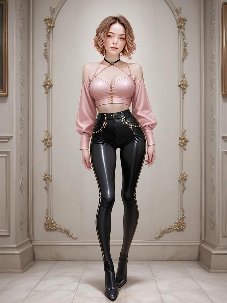 Chic Woman in Pale Pink Halter Top and Black Leather Leggings Fashion Portrait