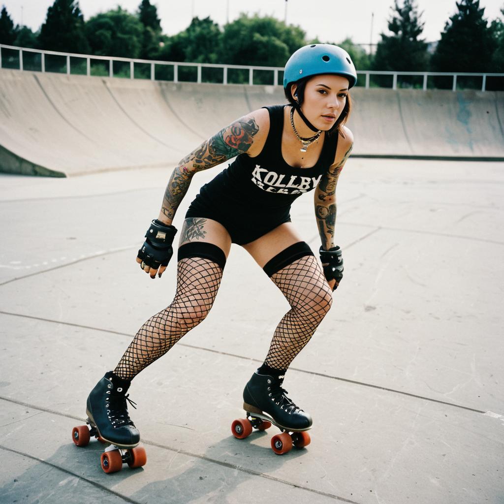 Tattooed Woman Roller Skating in Urban Skatepark with Blue Helmet