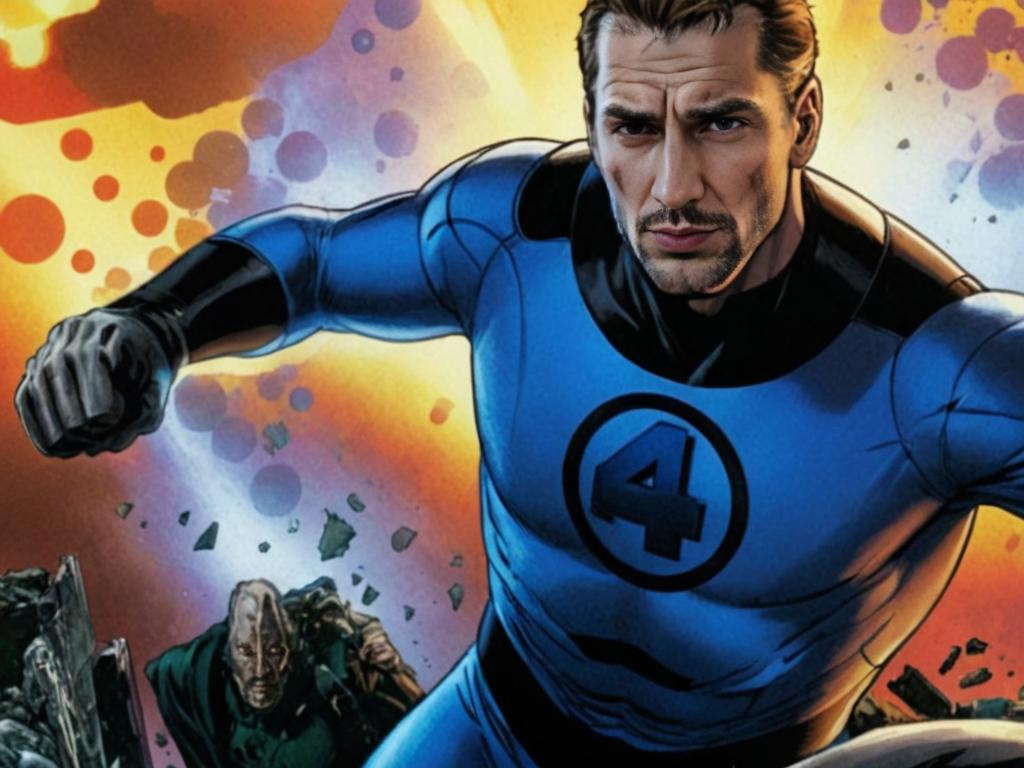 Man resembling Mr. Fantastic in heroic pose with Fantastic Four emblem