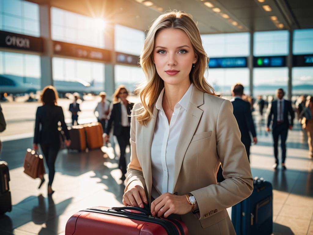 Professional woman with red suitcase in airport at sunset