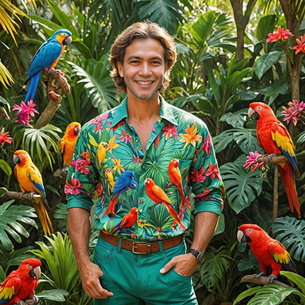 Artistic Portrait with Parrots in Tropical Setting