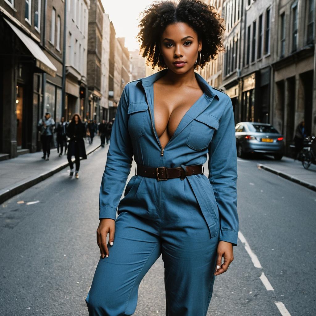 Confident Woman in Stylish Blue Jumpsuit on City Street