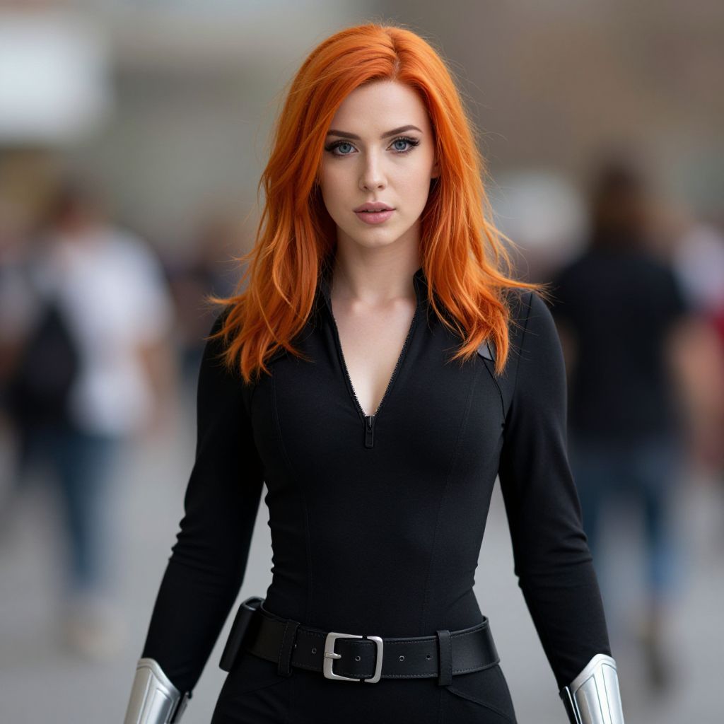 Red-Haired Woman in Black Superhero Style Outfit with Silver Arm Armor