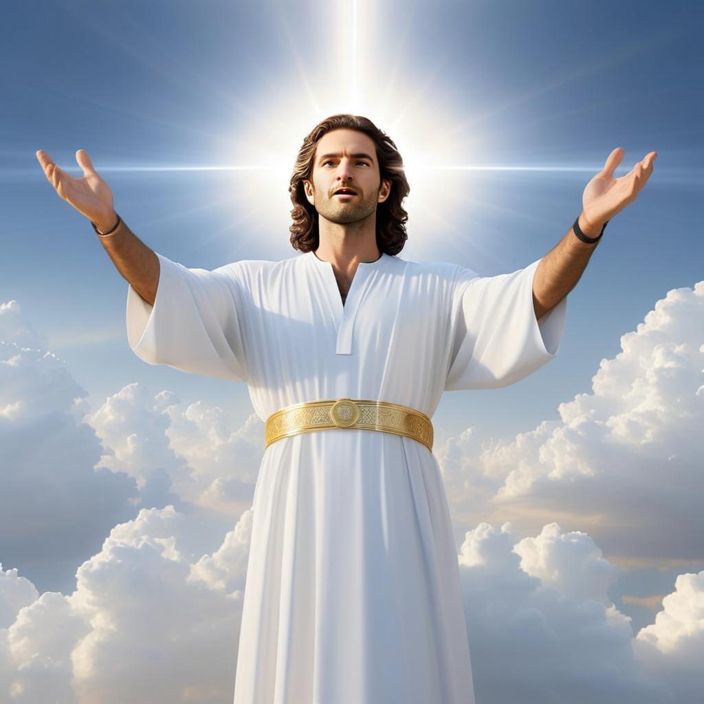 Man in White Robe with Outstretched Arms Against Radiant Clouds