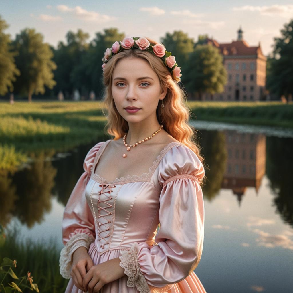 Young Woman in Pink Gown by Water