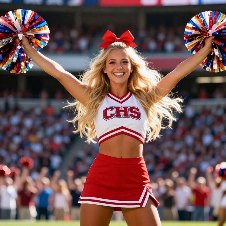 Energetic Blonde CHS Cheerleader with Colorful Pom-Poms at Stadium
