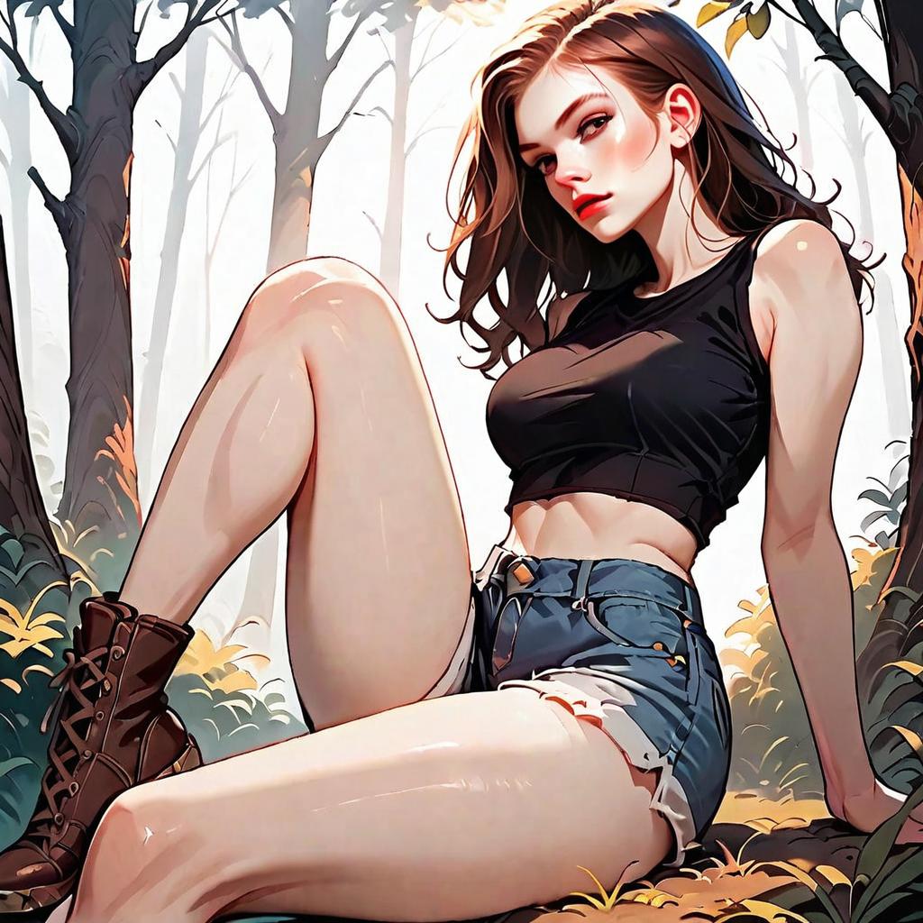 Stylized Digital Illustration of Woman in Black Crop Top and Denim Shorts in Forest