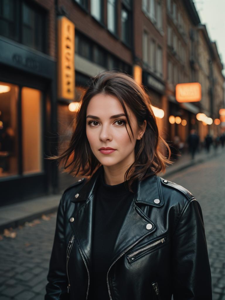 Stylish Woman in Black Leather Jacket