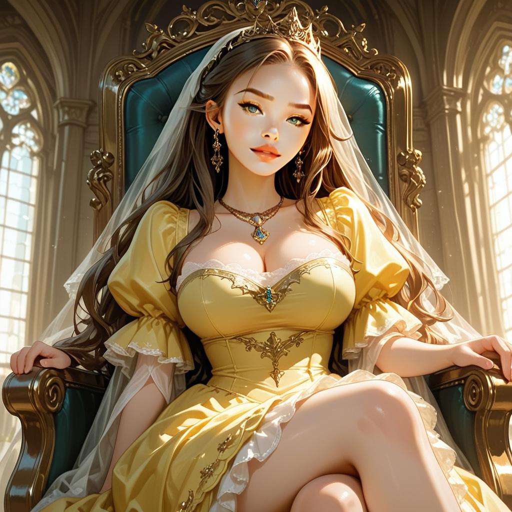 Regal Queen in Yellow Gown Sitting on Ornate Throne Digital Illustration