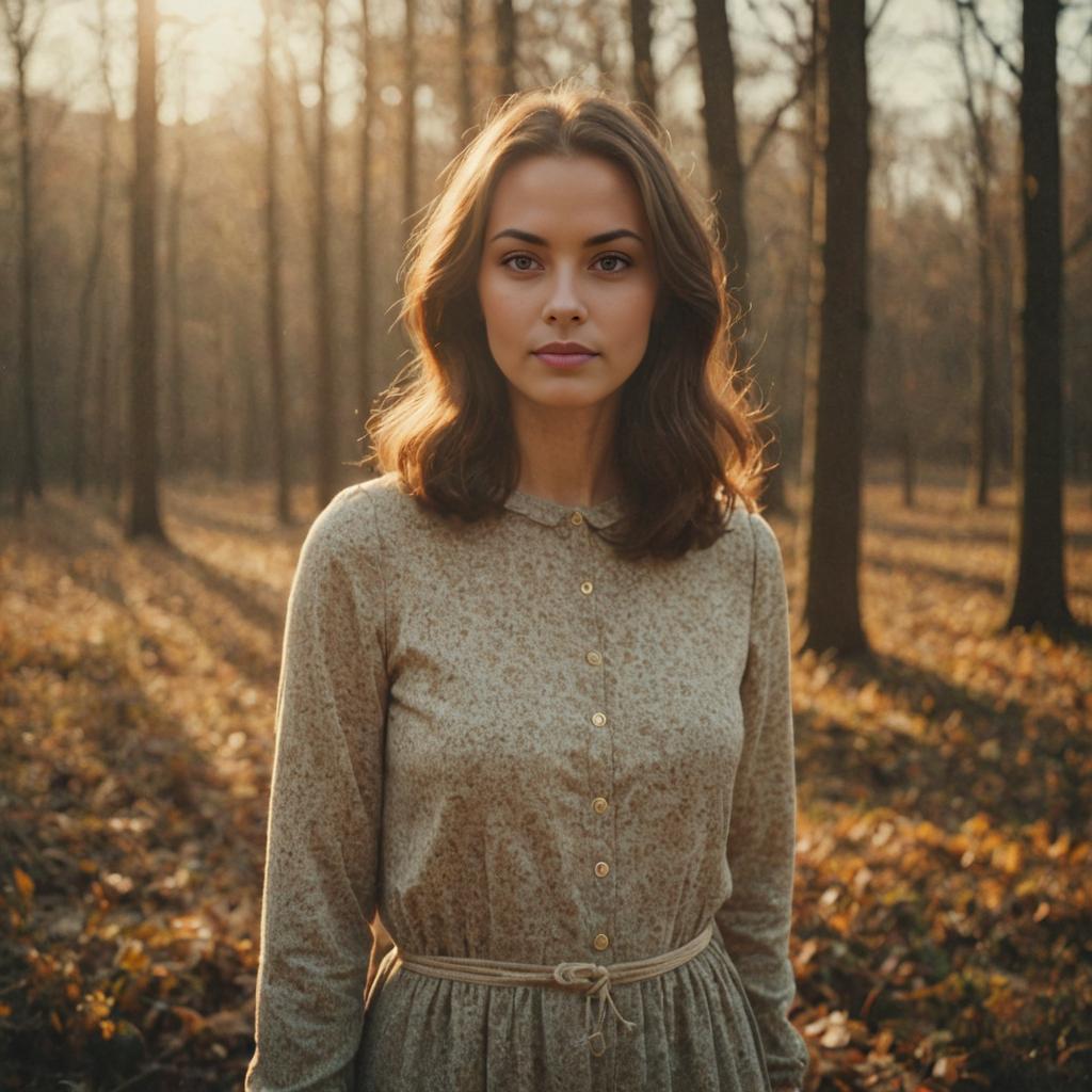 Vintage Woman in Forest at Sunset