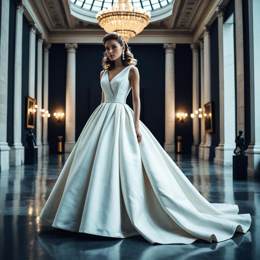 Elegant Woman in White Ball Gown in Grand Classical Hall