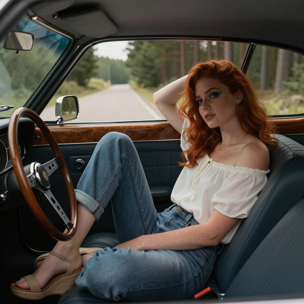 Red-haired Woman Relaxing in Vintage Car on Forest Road